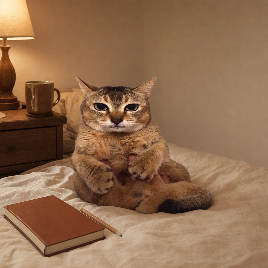 No Thoughts Cat on the bed at night beside a lamp, notebook and pencil